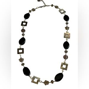 Premier Designs Black Oval Open Square Abalone Beads Cultured Pearl Necklace